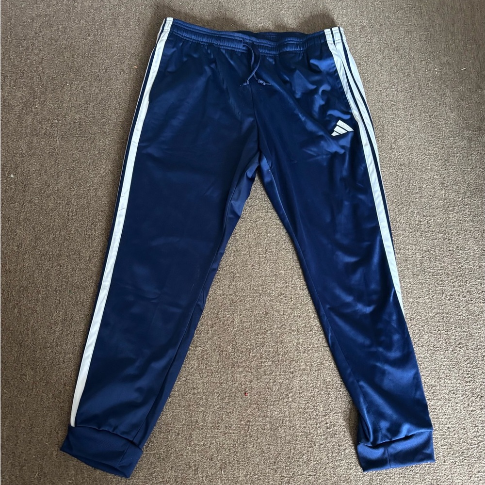 Classic Adidas XL Track Pants. Navy blue with white stripes.
